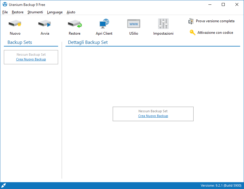 Schermata iniziale di Uranium Backup, pronto ad essere configurato.