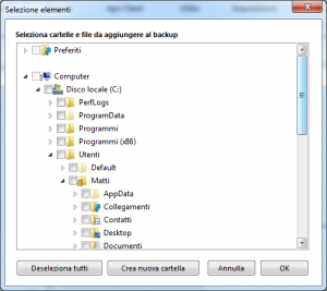 Seleziona le cartelle di cui vuoi eseguire il backup