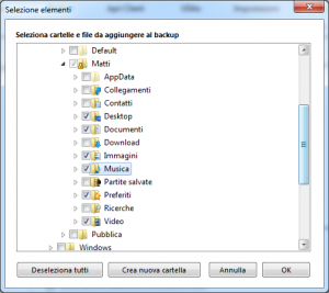 Seleziona le cartelle di cui vuoi eseguire il backup